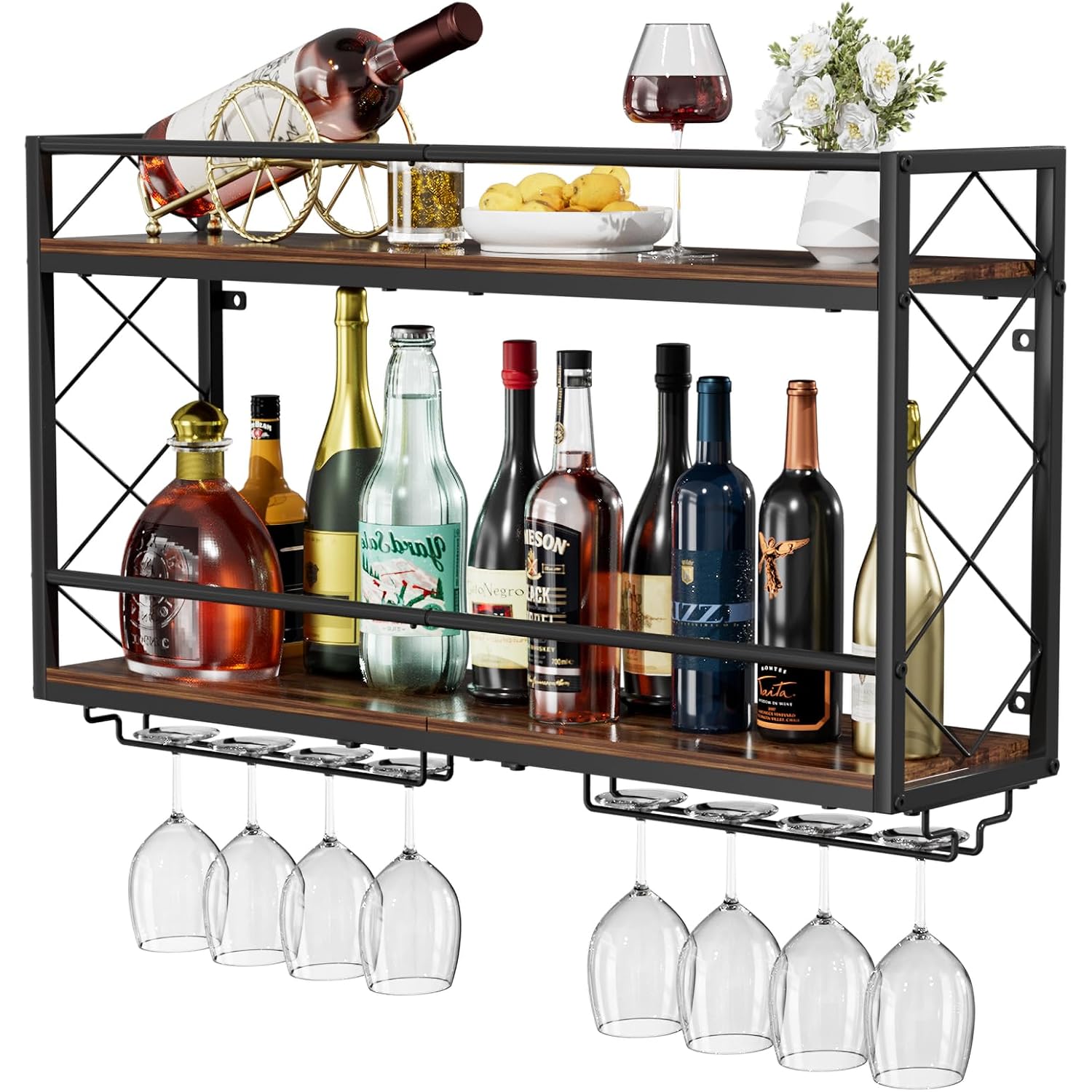 Wine Rack Wall Mounted 2 Tier Wall Wine Rack With Glass Holder, Double Layer Anti-Drop Crossbar, 31.5" Metal Wood Wall Mount Wine Holder For Home Kitchen Dining Room Coffee Shop Bar, Black