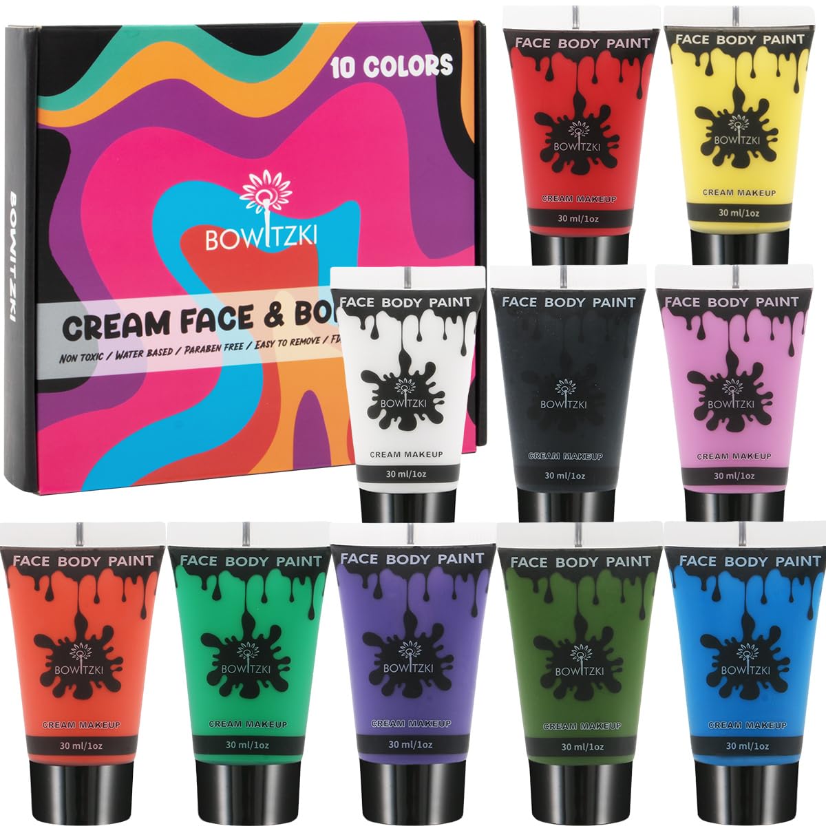 Bowitzki 10 Colors Face Body Paint Set Cream Makeup 30ml Water Based Face Painting Special Effects For Adults Halloween Christmas Party Stage Cosplay 1OZ Each
