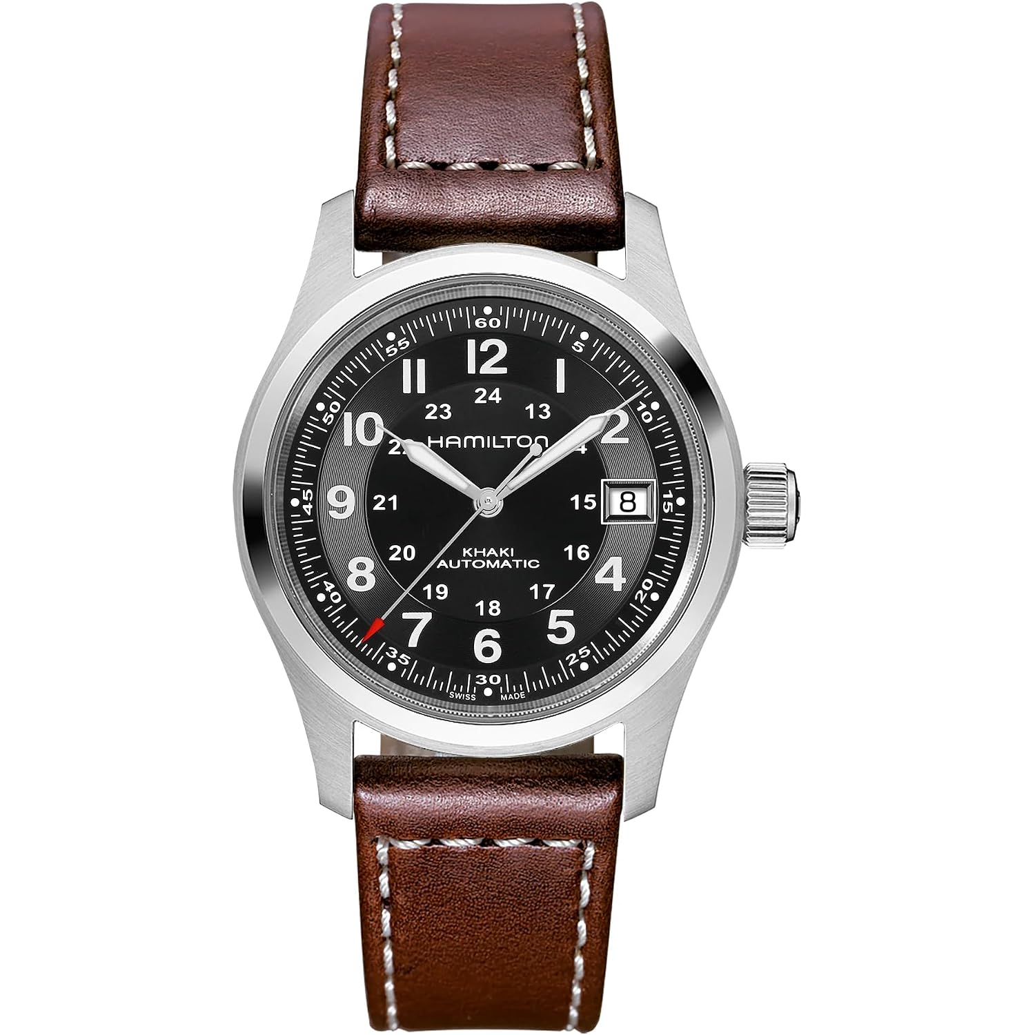 Hamilton Khaki Field Automatic Men'S Watch, 38Mm Stainless Steel Case, Swiss Made, Black Dial Analog Wrist Watch For Men, 100M Waterproof, Sapphire Crystal, 3-Hand Movement, Cow Leather Strap