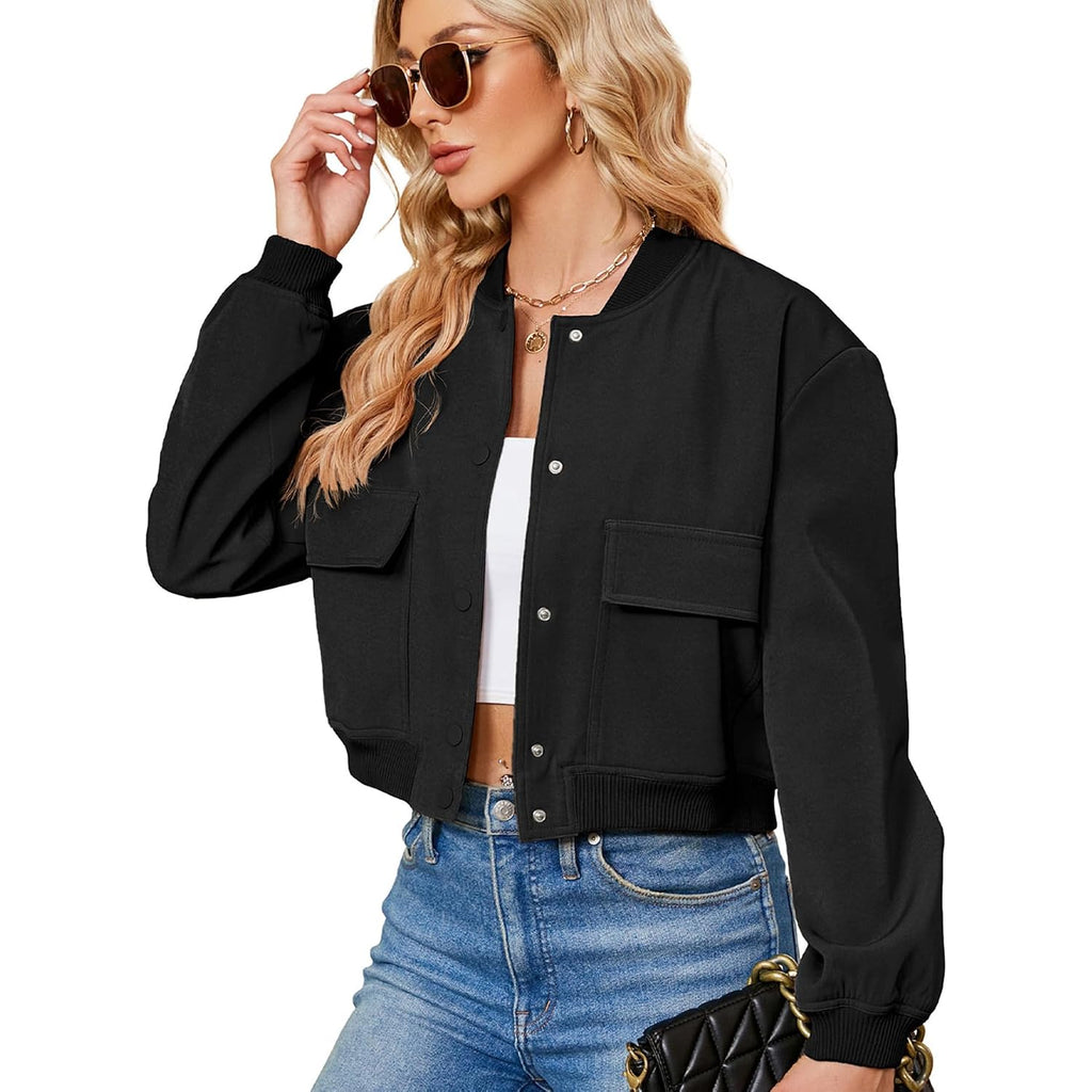 Zando Bomber Jacket Women 2026 - Short Cropped Jacket Women Button Down Long Sleeve Casual Varsity Jackets With Pockets