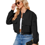 Zando Bomber Jacket Women 2026 - Short Cropped Jacket Women Button Down Long Sleeve Casual Varsity Jackets With Pockets