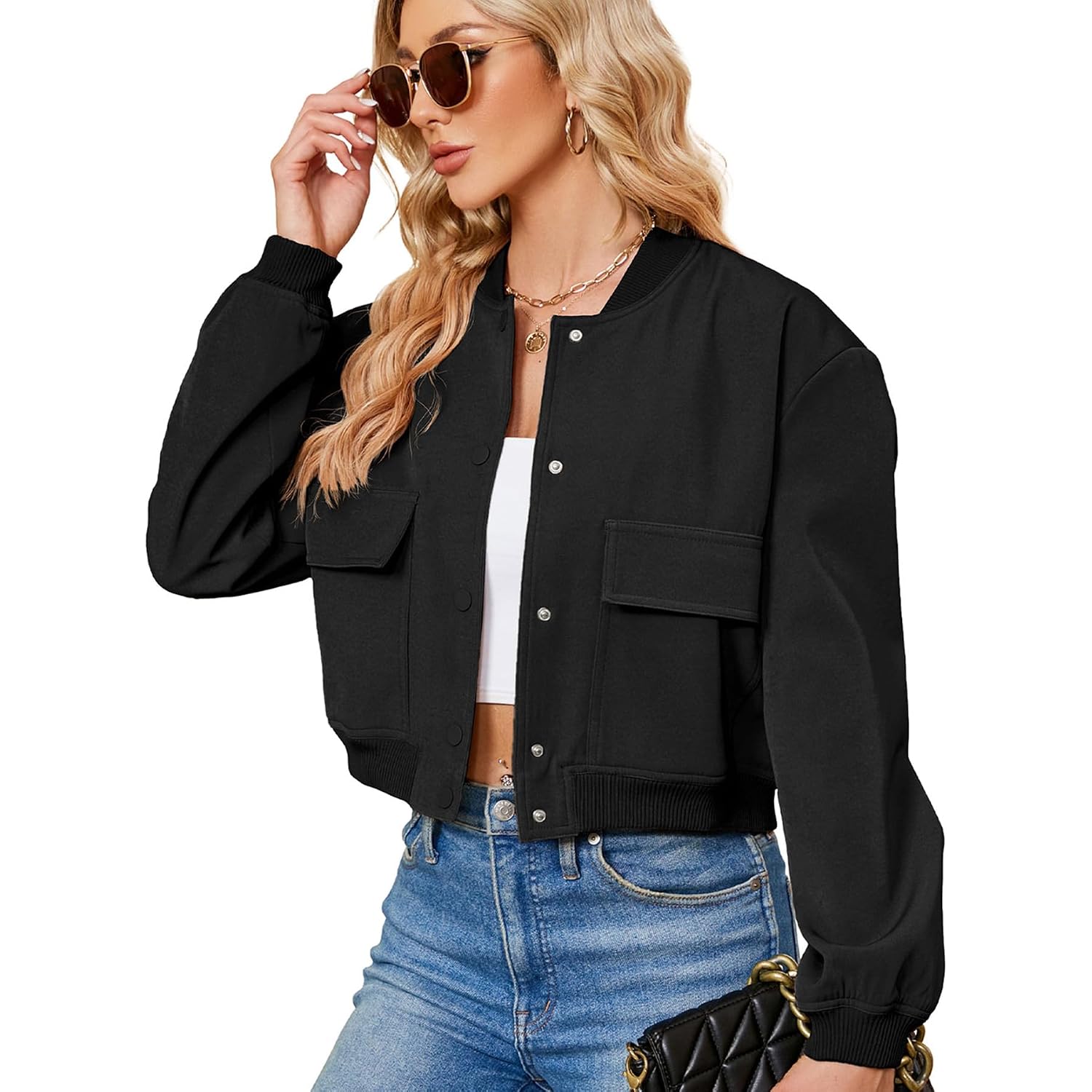 Zando Bomber Jacket Women 2026 - Short Cropped Jacket Women Button Down Long Sleeve Casual Varsity Jackets With Pockets