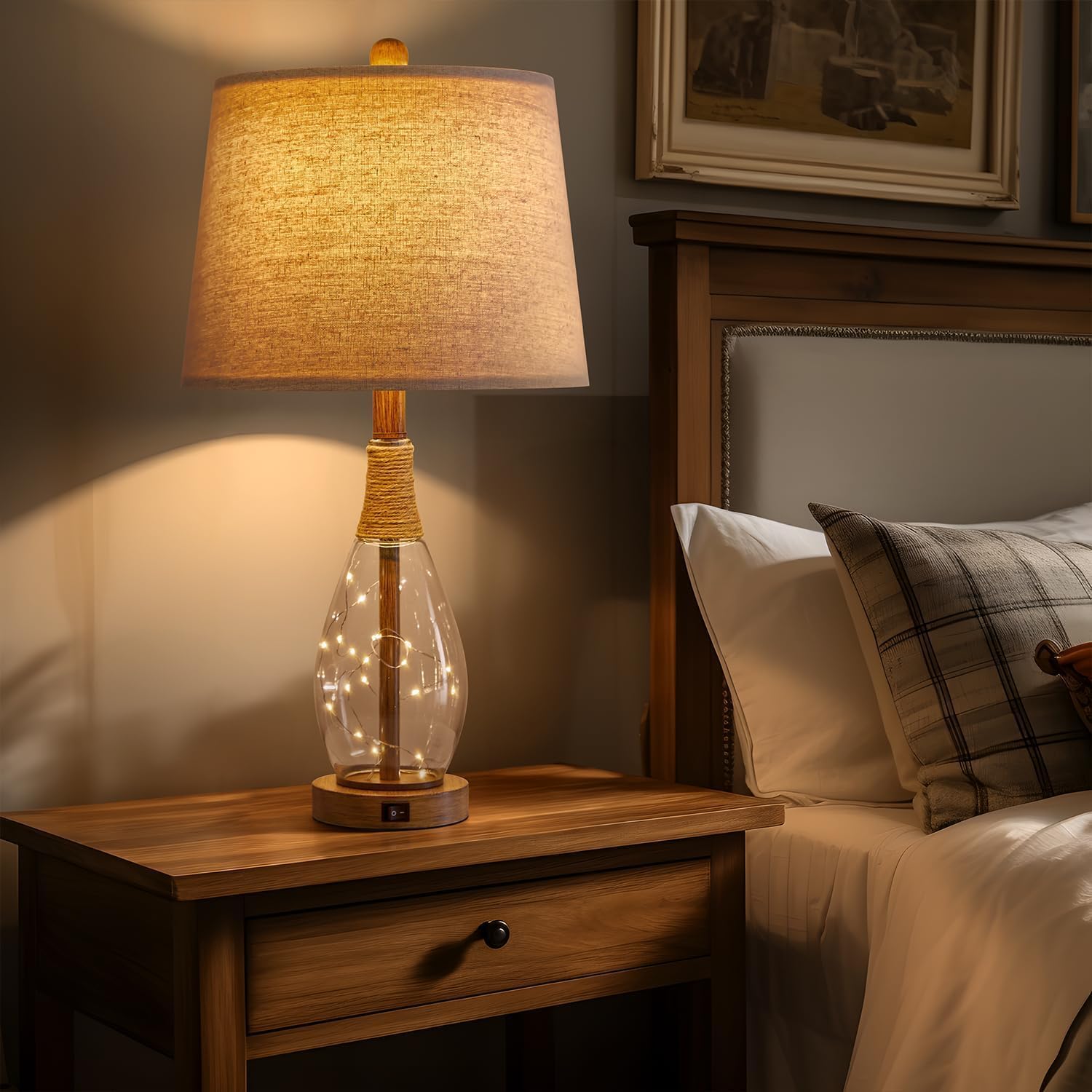 Bedside Table Lamps Set Of 2 With Usb & Faily Night Lights, Farmhouse Boho Bedroom Lamps With Rattan, Night Stand  Glass Table Lamps For End Side Table, Bulbs Included