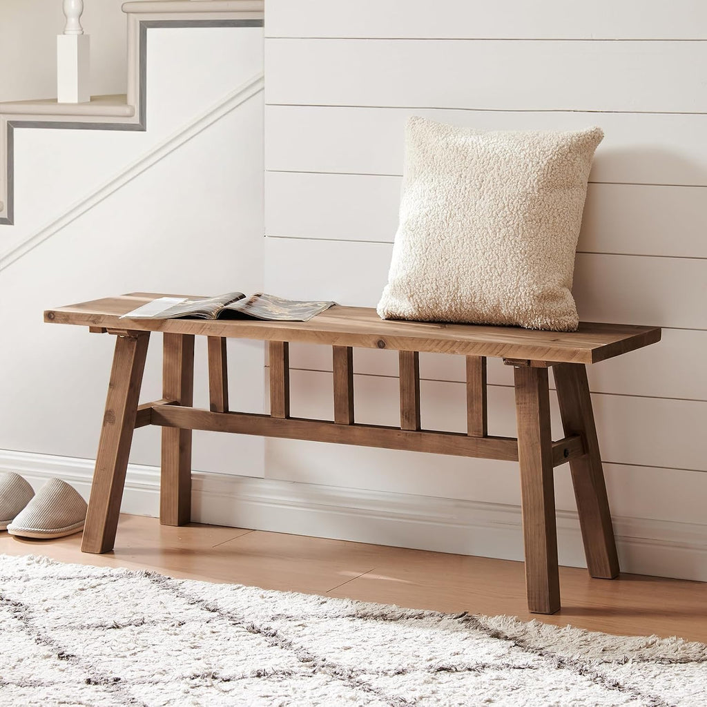 Wnutrees 43" Solid Wood Bench, Farmhouse Rustic Entryway Bench Seat | Narrow Bed Seat For Hallway, Kitchen, Dining Area, Bedroom, Natural Handcrafted Finish