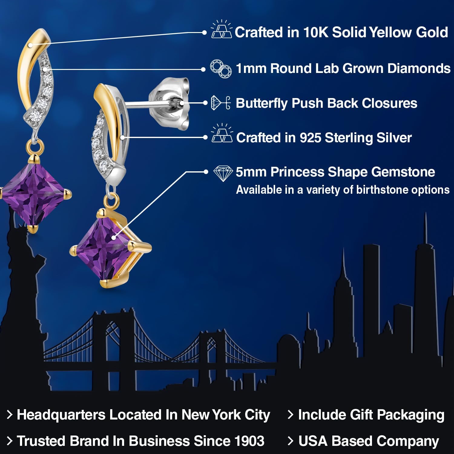Gem Stone King 5MM Princess Cut Gemstone Birthstone and White Lab Grown Diamond Dangle Earrings for Women | 925 Silver and 10K Yellow Gold | Fine Jewelry Gifts for Women Mom Wife Her