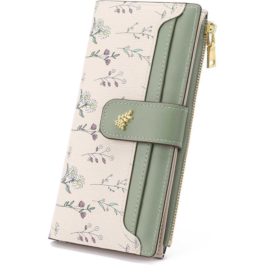 GAEKEAO Womens Wallet Slim Thin RFID Blocking Floral Vegan Leather Card Holder Bifold Long Ladies Wallet with Zipper Pocket