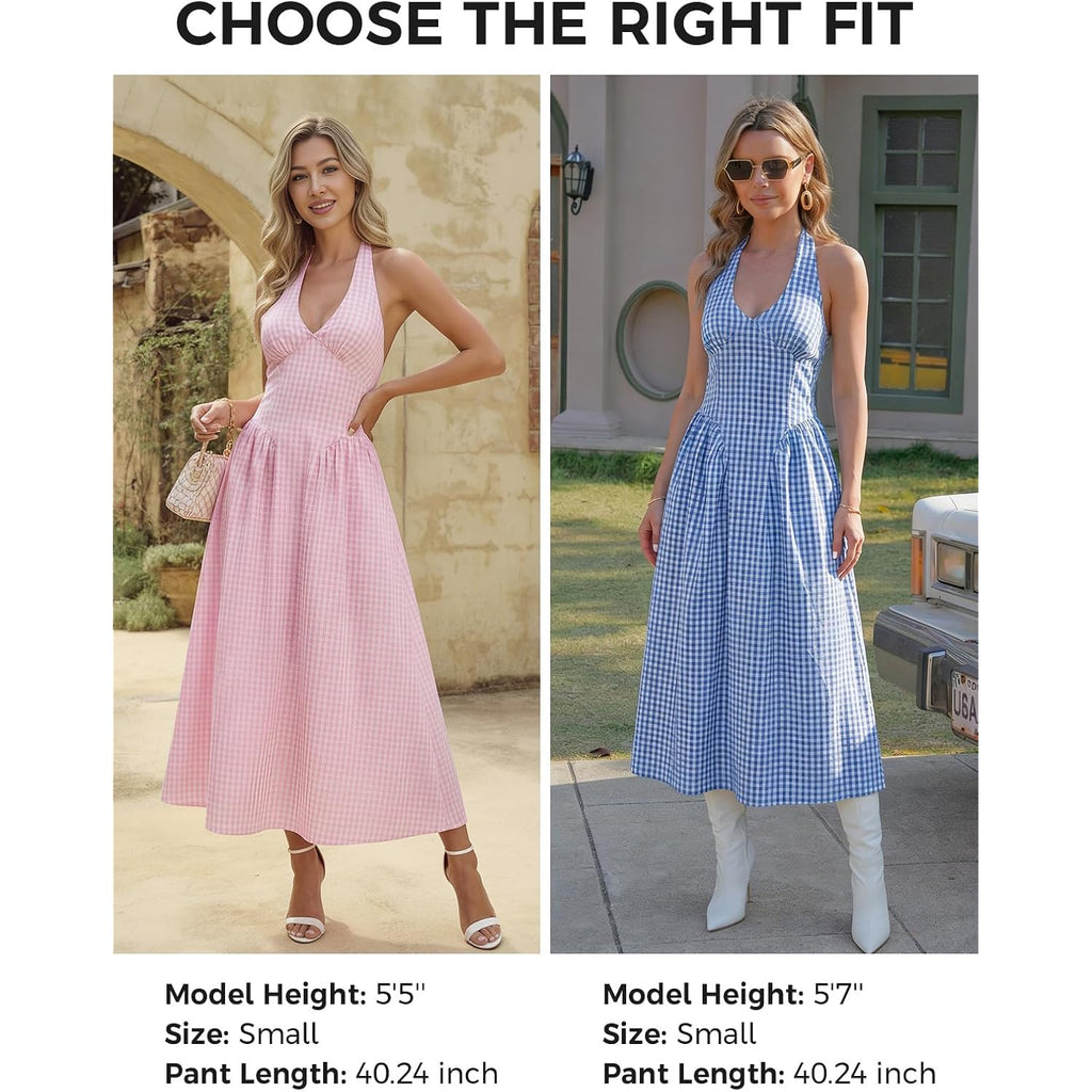 Wenrine Womens Halter V Neck Corset Maxi Dresses Summer Plaid Smocked Tie Back Backless Wedding Guest Drop Waist Dress