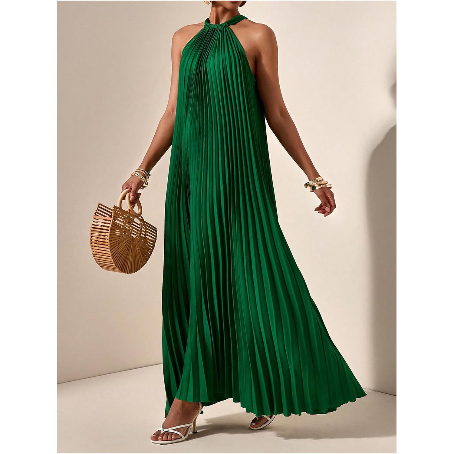 Oyoangle Women'S Summer Maxi Dress Wedding Guest Party Sleeveless Pleated Long Flowy Beach Vacation Dress