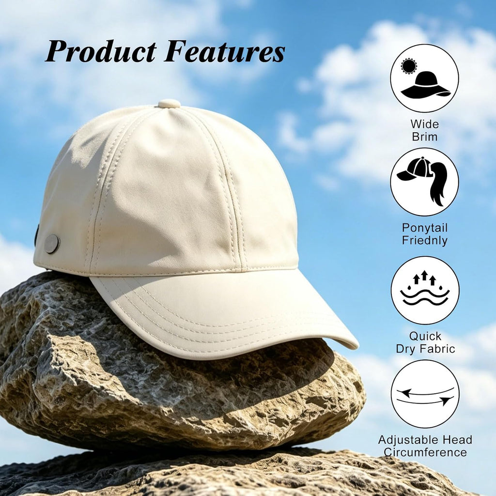 Women Sun Hat Wide Brim Hat Ponytail Baseball Cap Foldable Packable for Summer Beach Golf Hiking Fishing Beige
