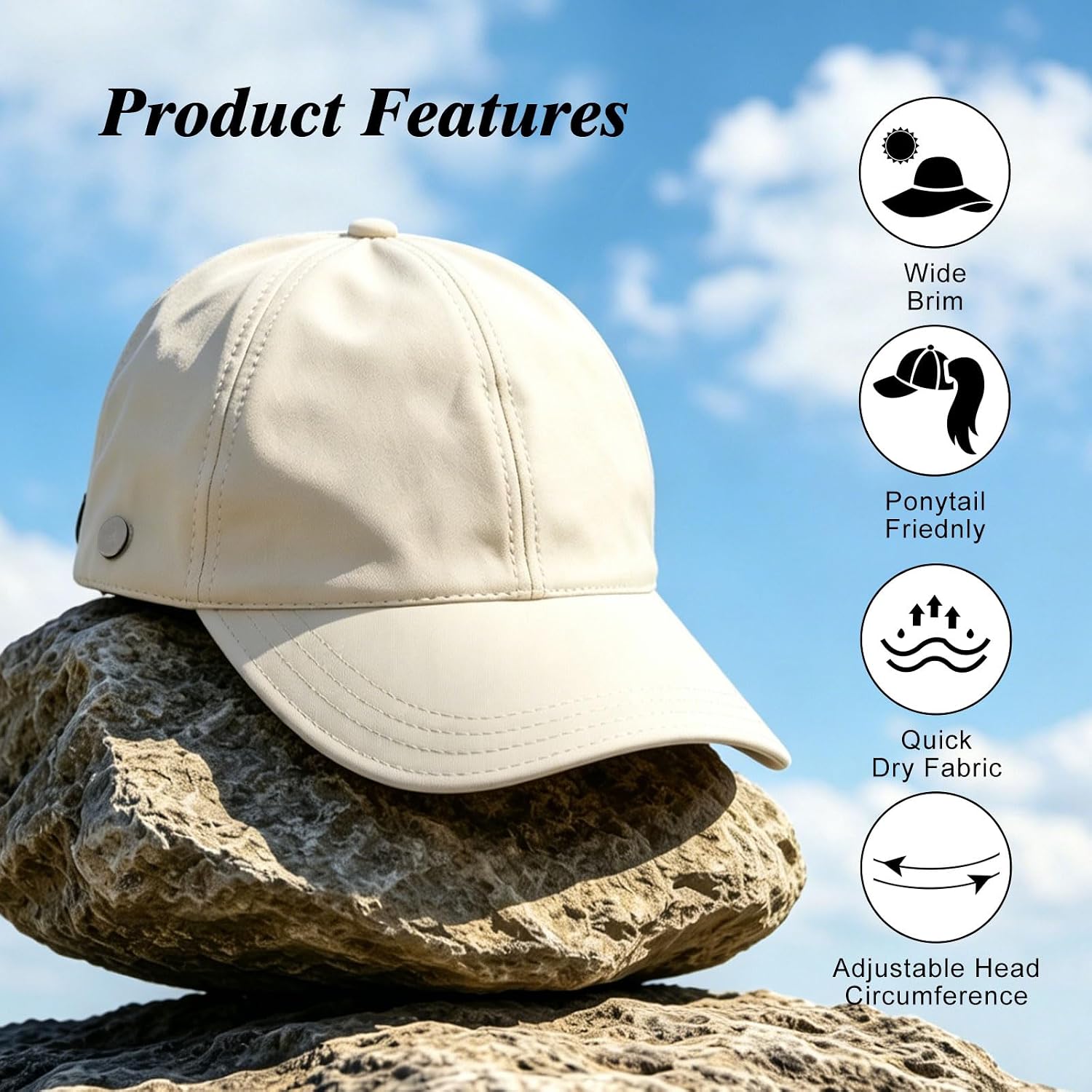Women Sun Hat Wide Brim Hat Ponytail Baseball Cap Foldable Packable for Summer Beach Golf Hiking Fishing Beige
