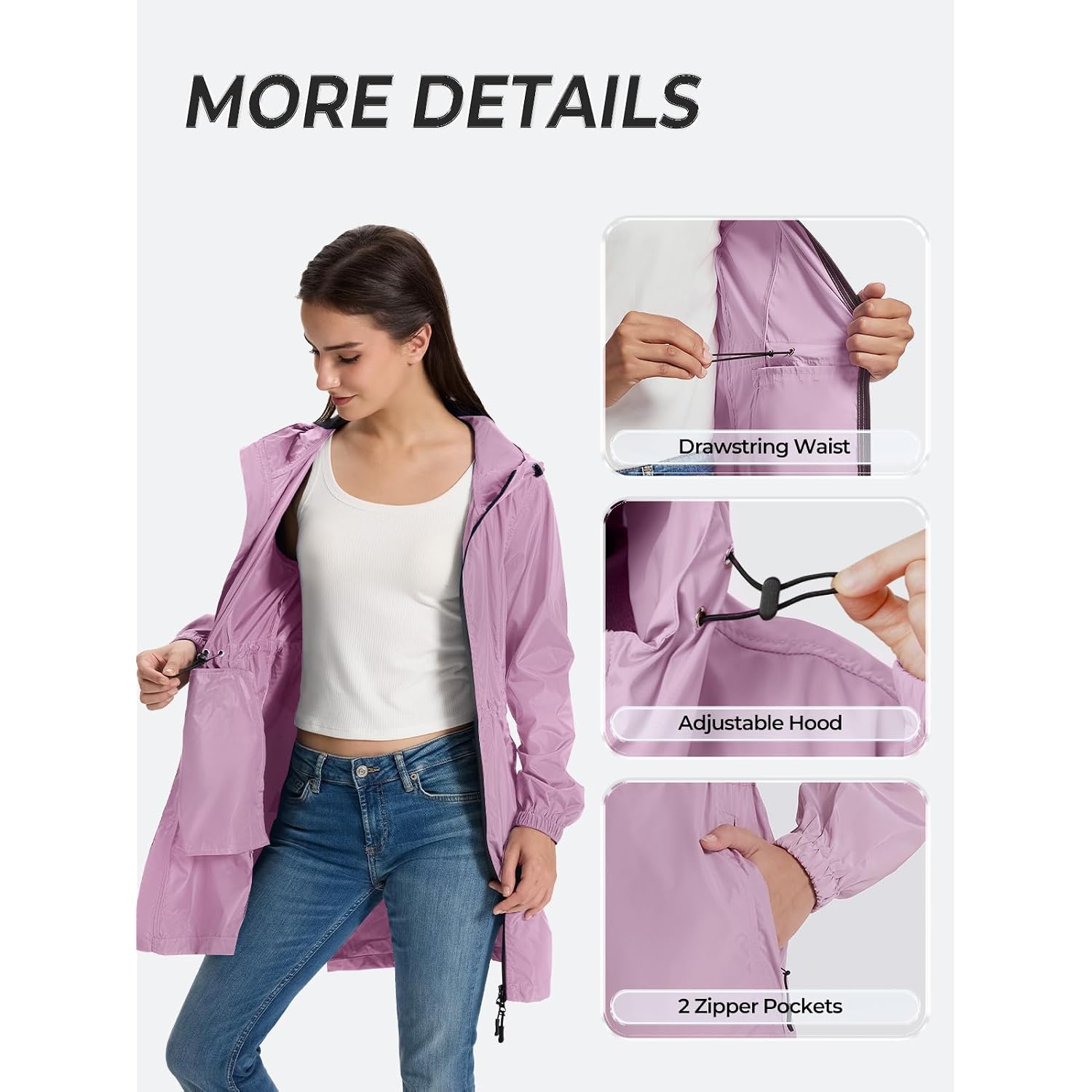 Saphirose Women'S Long Packable Raincoat Waterproof Rain Jacket Lightweight Outdoor Windbreaker With Hood