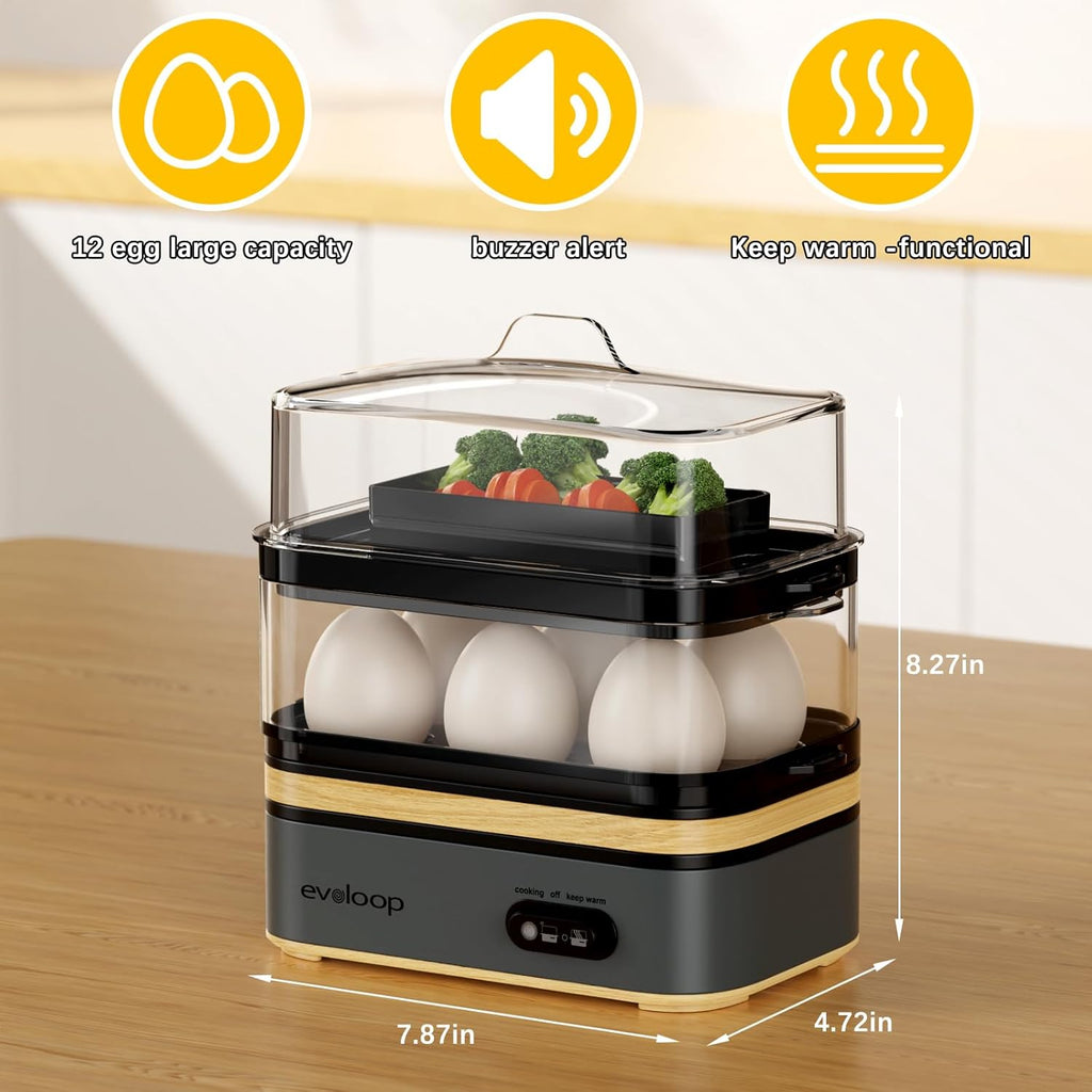 Evoloop Rapid Egg Cooker Electric 12 Eggs Capacity, Soft, Medium, Hard Boiled, Poached, Omelet Maker Egg Poacher & Vegetable Steamer, BPA Free Tray(Grey)