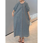 Chouyatou Women'S Casual Gingham Loose-Fit Swing Dress Cotton Lantern Puff Sleeve Plaid Midi Long Dress