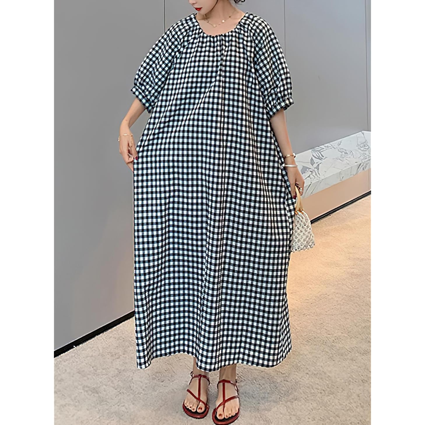 Chouyatou Women'S Casual Gingham Loose-Fit Swing Dress Cotton Lantern Puff Sleeve Plaid Midi Long Dress