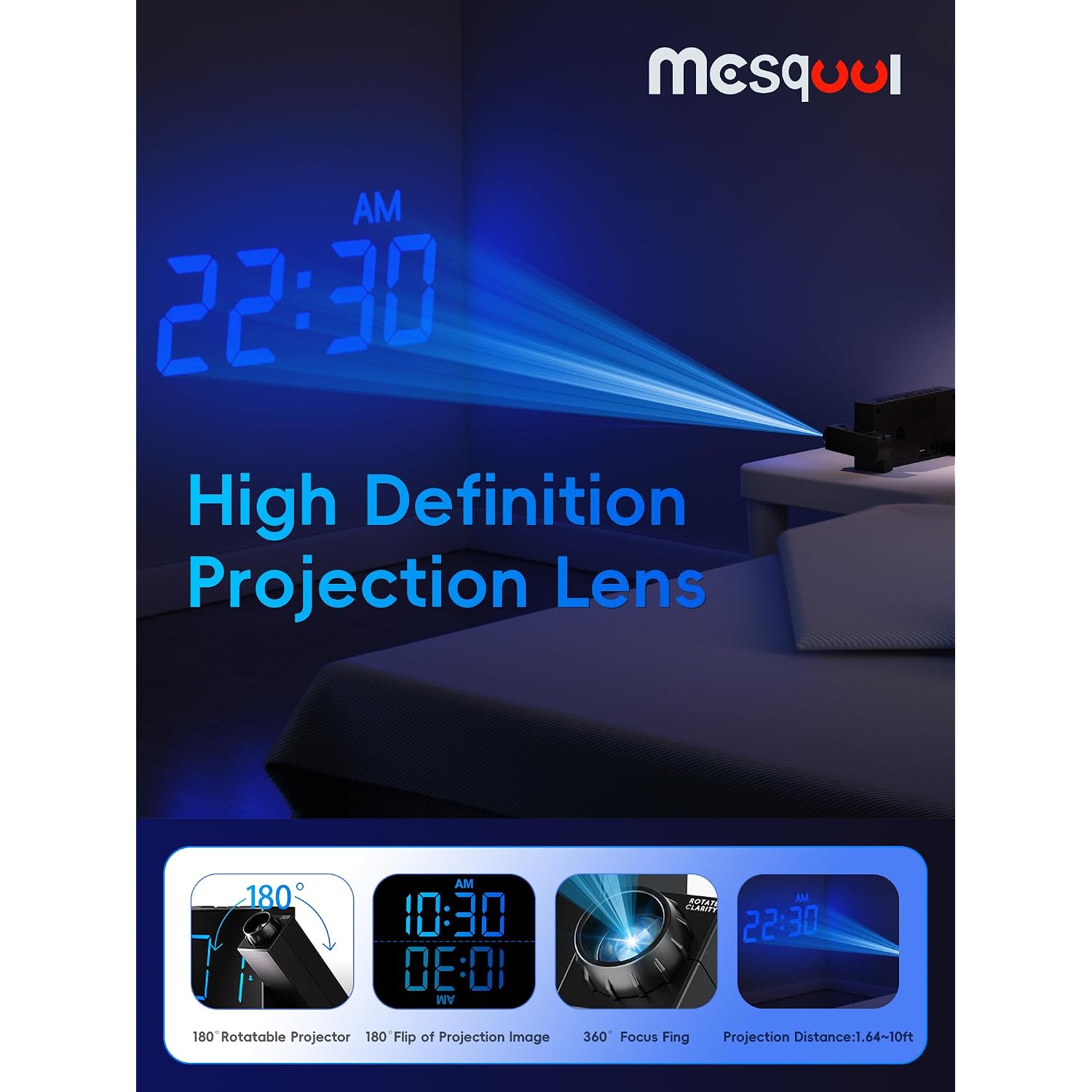 Digital Projection Alarm Clocks For Bedrooms - Large Led Display, 180° Rotatable Projector, 5-Level Dimmer,Usb Charger,Battery Backup,Loud Dual Alarms For Kids Elderly,Heavy Sleepers,Snooze,12/24H,Dst