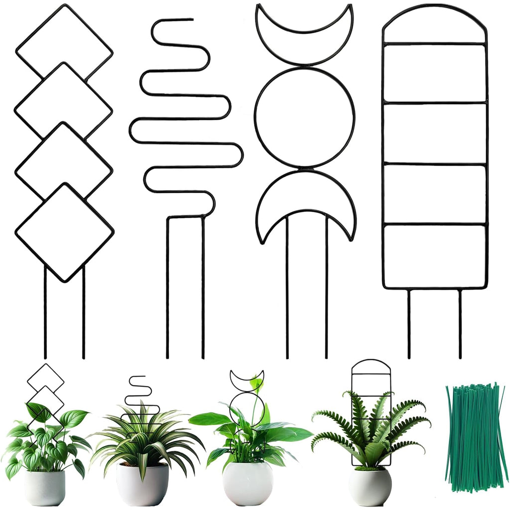 4 Packs Trellis For Climbing Plants Indoor, Henable Small Garden Metal Trellis For Potted Plants Outdoor For Vine Ivy Flower Plant Support, 4 Different Black Iron Patterns