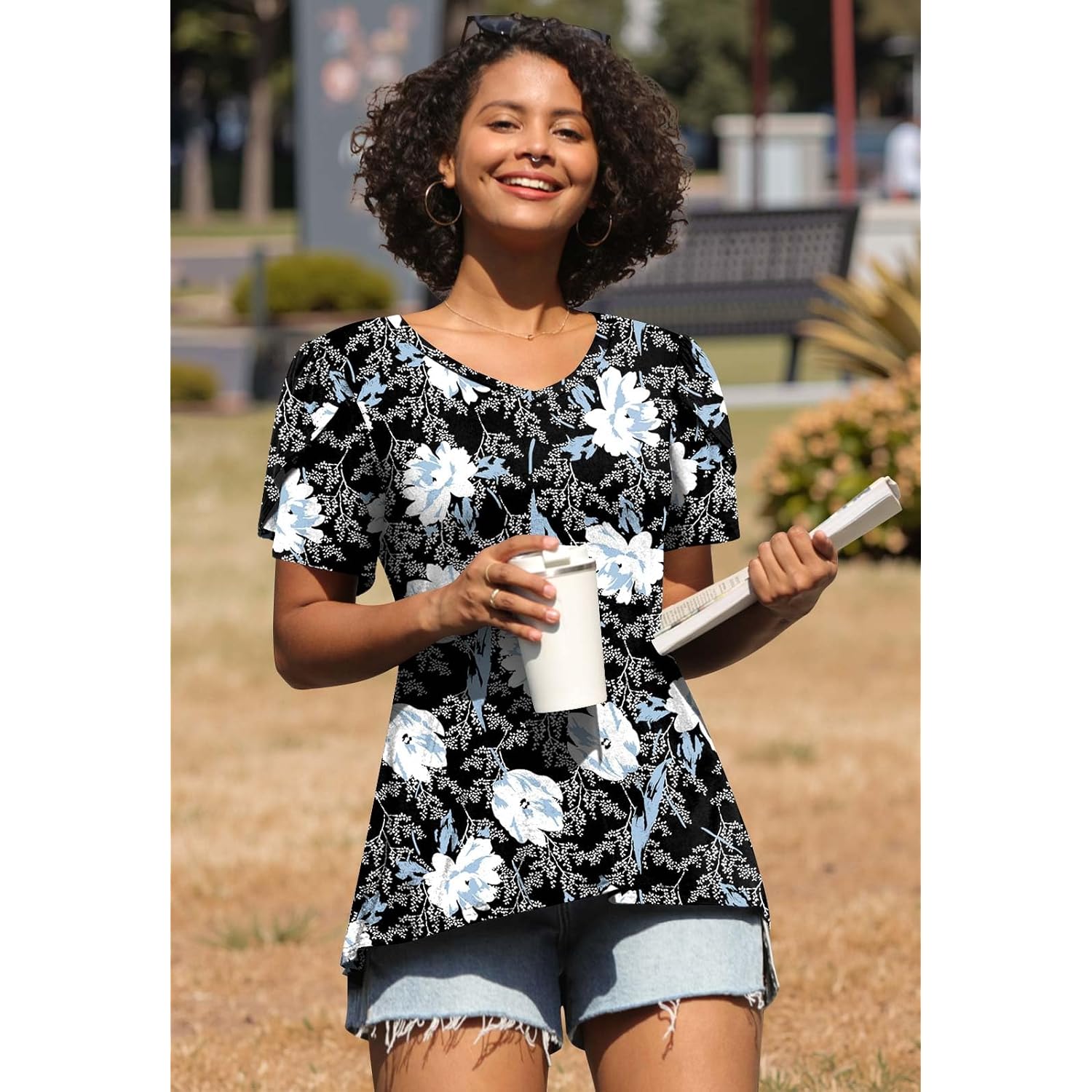 CATHY 2026 Women Tops Summer Short Sleeve Tunic V Neck T-Shirts Loose Casual Floral Blouse S-4XL
