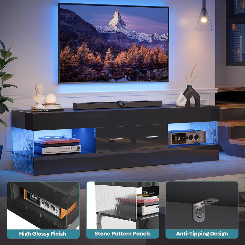 Bestier Black 60 Inch Modern Tv Stand, Led Entertainment Center With Drawer | Fits Up To 65 In Tv, High Gloss With Stone Pattern, Large Storage Drawer & Open Shelves, 7-Color Led Lights For Living Room