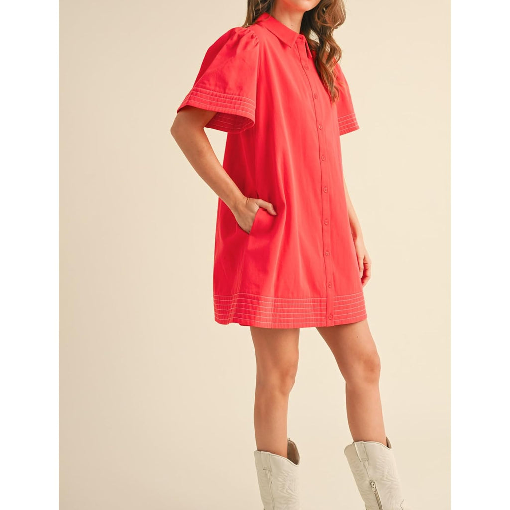 Womens Short Sleeve Button Down Mini Shirt Dress Lapel Collar Short Dresses With Pocket