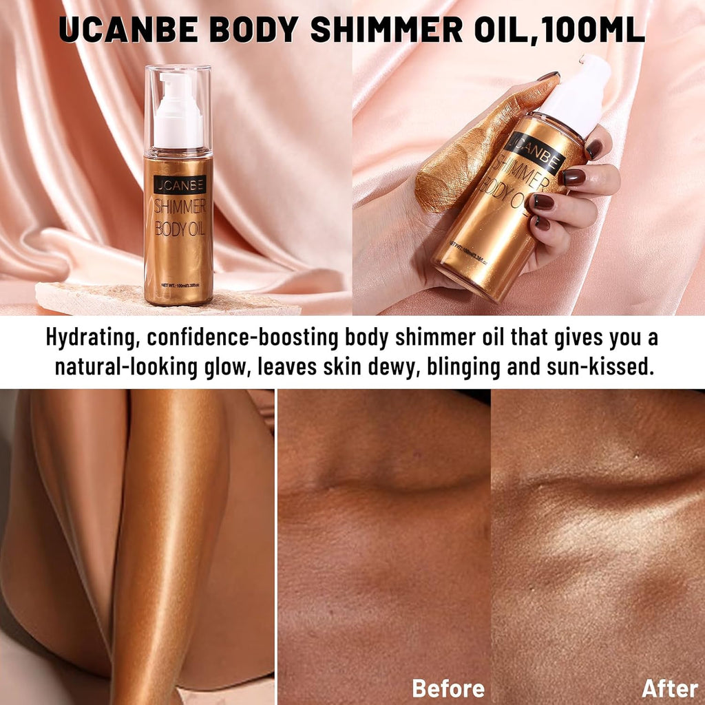 Ucanbe Body Shimmer Oil 100Ml, Moisturizing Body Glow Glitter Oil, Waterproof Shimmering Luminizer Liquid Illuminator Highlighter, Tinted Shimmer Lotion Glowing Bronzer Makeup(Bronze Gold)