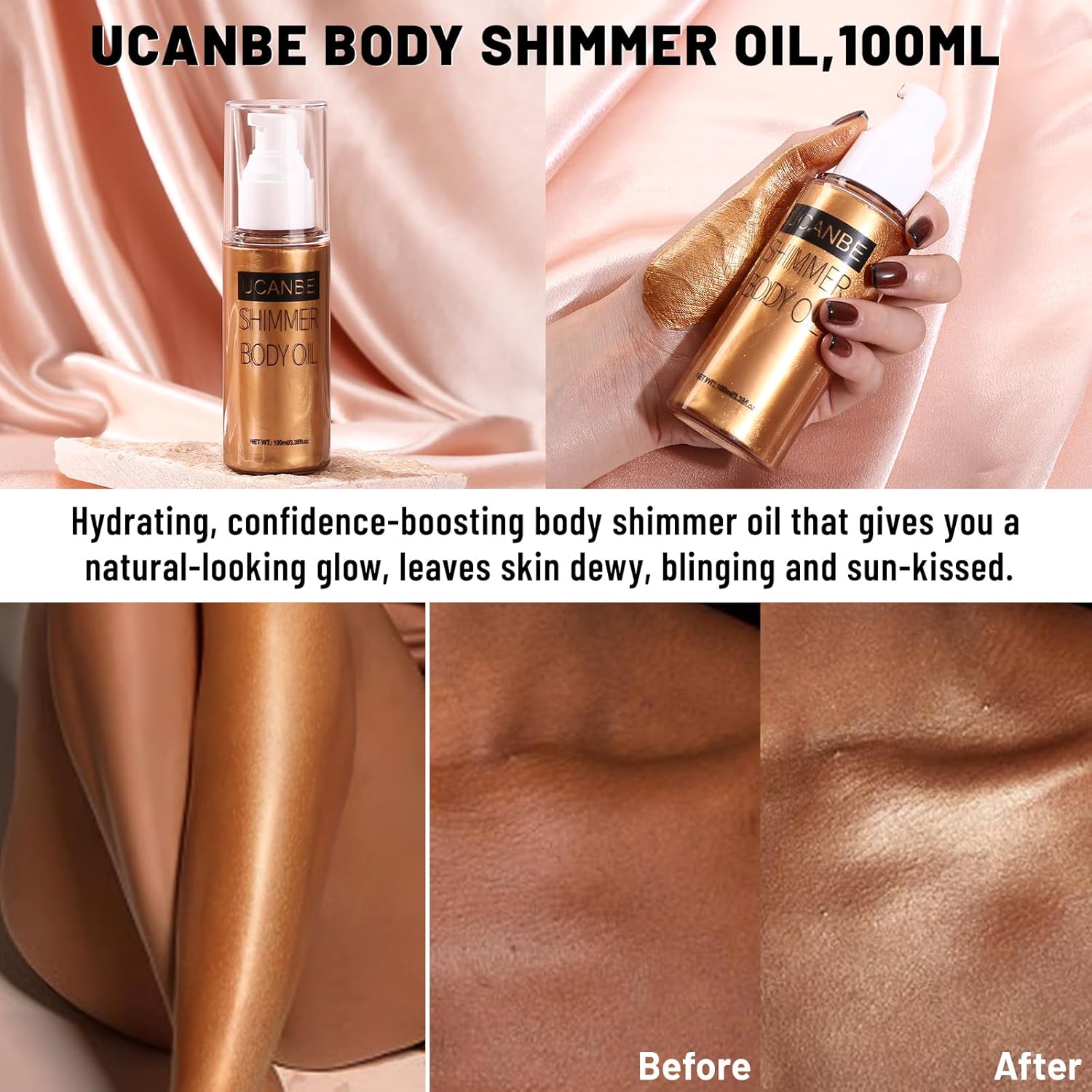 UCANBE Body Shimmer Oil 100ml, Moisturizing Body Glow Glitter Oil, Waterproof Shimmering Luminizer Liquid Illuminator Highlighter, Tinted Shimmer Lotion Glowing Bronzer Makeup(Bronze Gold)