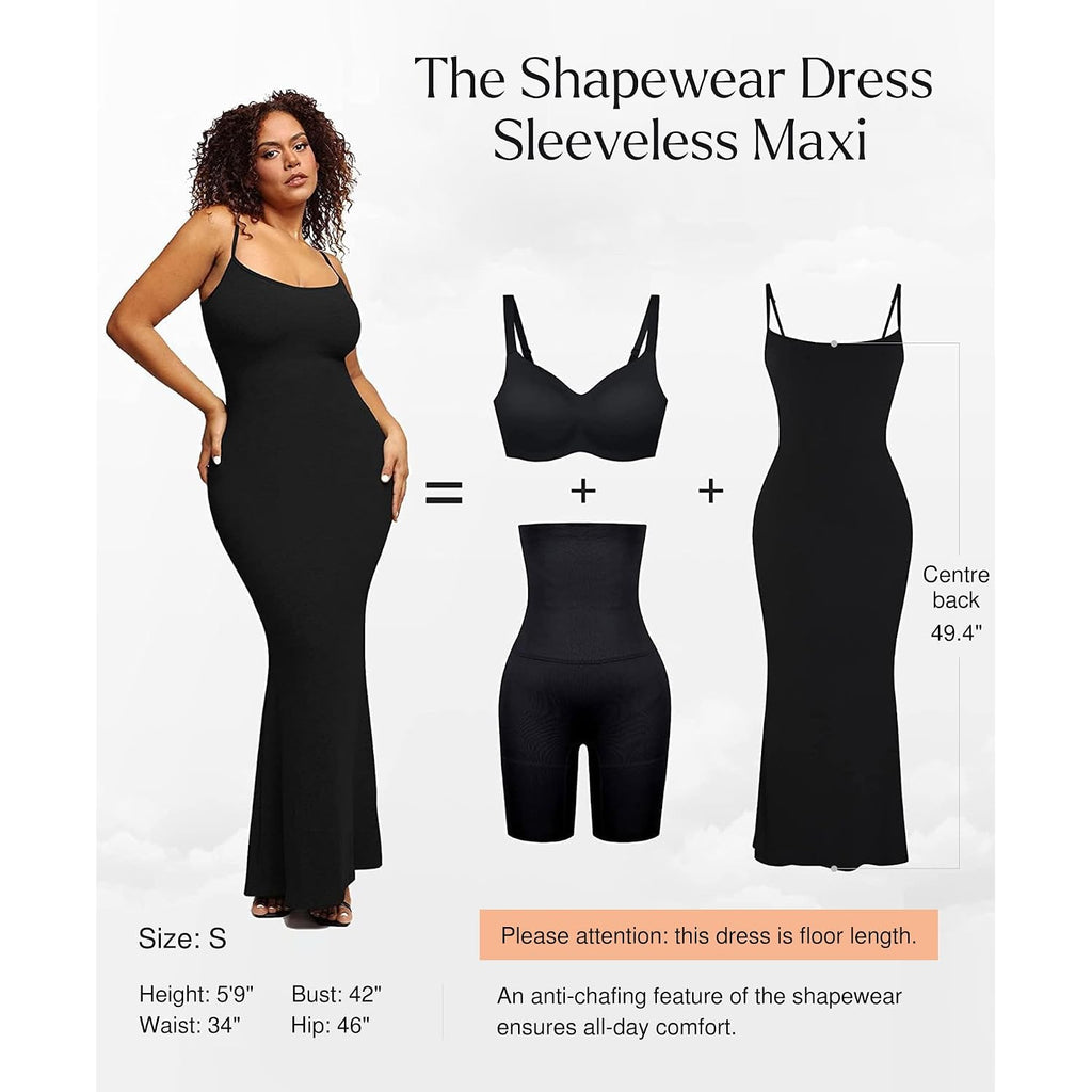 Popilush Bodycon Dresses For Women Shapewear Tummy Control Maxi Dress Built In Bra Spaghetti Strap Long Formal Summer