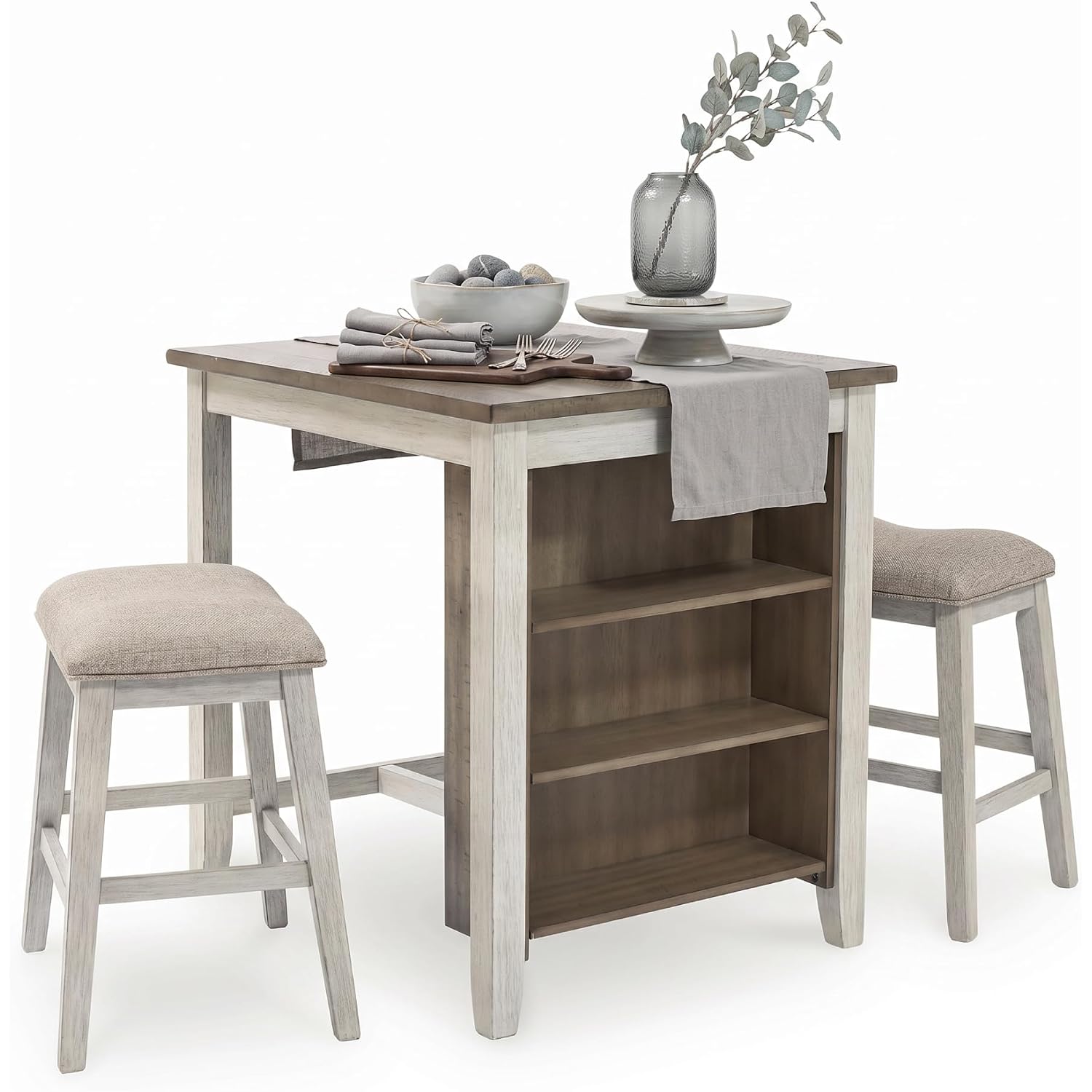 Signature Design By Ashley Skempton 3 Piece Counter Height Dining Table And Bar Stools Set, Built-In Storage, Wood, Acacia Veneer And Engineered Wood, Small Kitchen Table, White/Light Brown