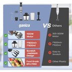 Ganiza Immersion Blender Handheld, 6 In 1 Hand Blender Stainless Steel Blade, 15 Speed Stick Blenders Electric, 800Ml Mixing Beaker, 600Ml Chopper, Whisk, Frother, Potato Masher