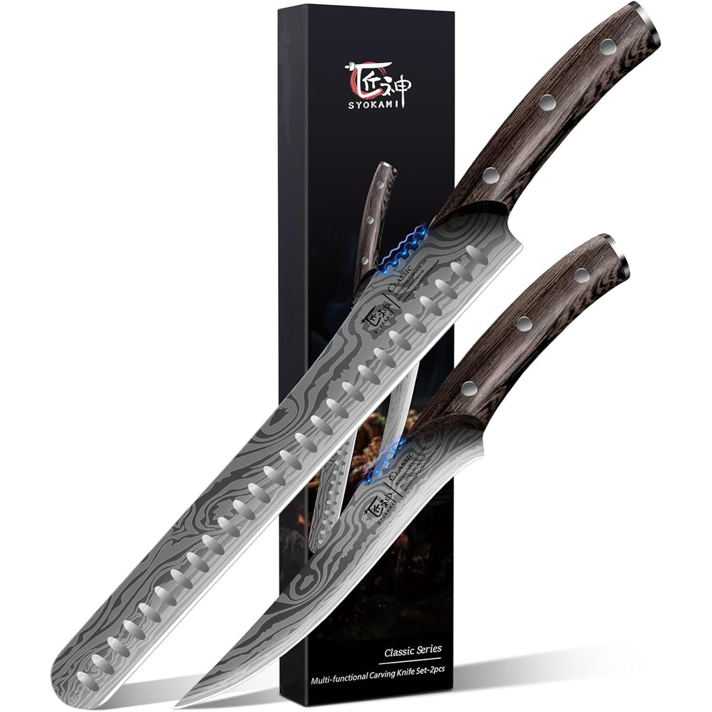 SYOKAMI Brisket Slicing Knife Set, Carving and Boning Knife for Meat & Turkey Cutting, Japanese Style High Carbon Steel Kitchen Knives Set For Home & BBQ, Wood Ergonomic Full Tang Handle, Ideal for Gift