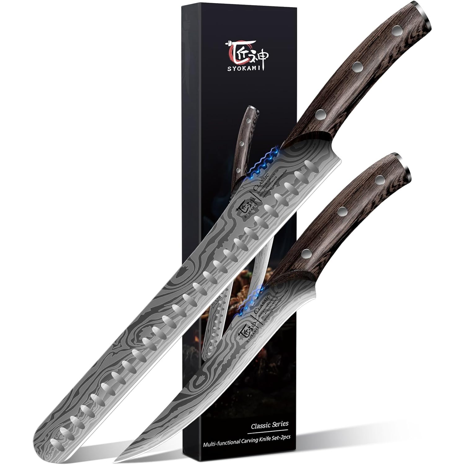 SYOKAMI Brisket Slicing Knife Set, Carving and Boning Knife for Meat & Turkey Cutting, Japanese Style High Carbon Steel Kitchen Knives Set For Home & BBQ, Wood Ergonomic Full Tang Handle, Ideal for Gift