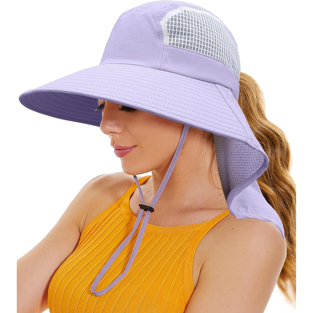Sun Hats for Women UV Protection with Neck Flap Wide Brim Beach Hats with Ponytail Hole for Hiking Fishing Gardening Travel