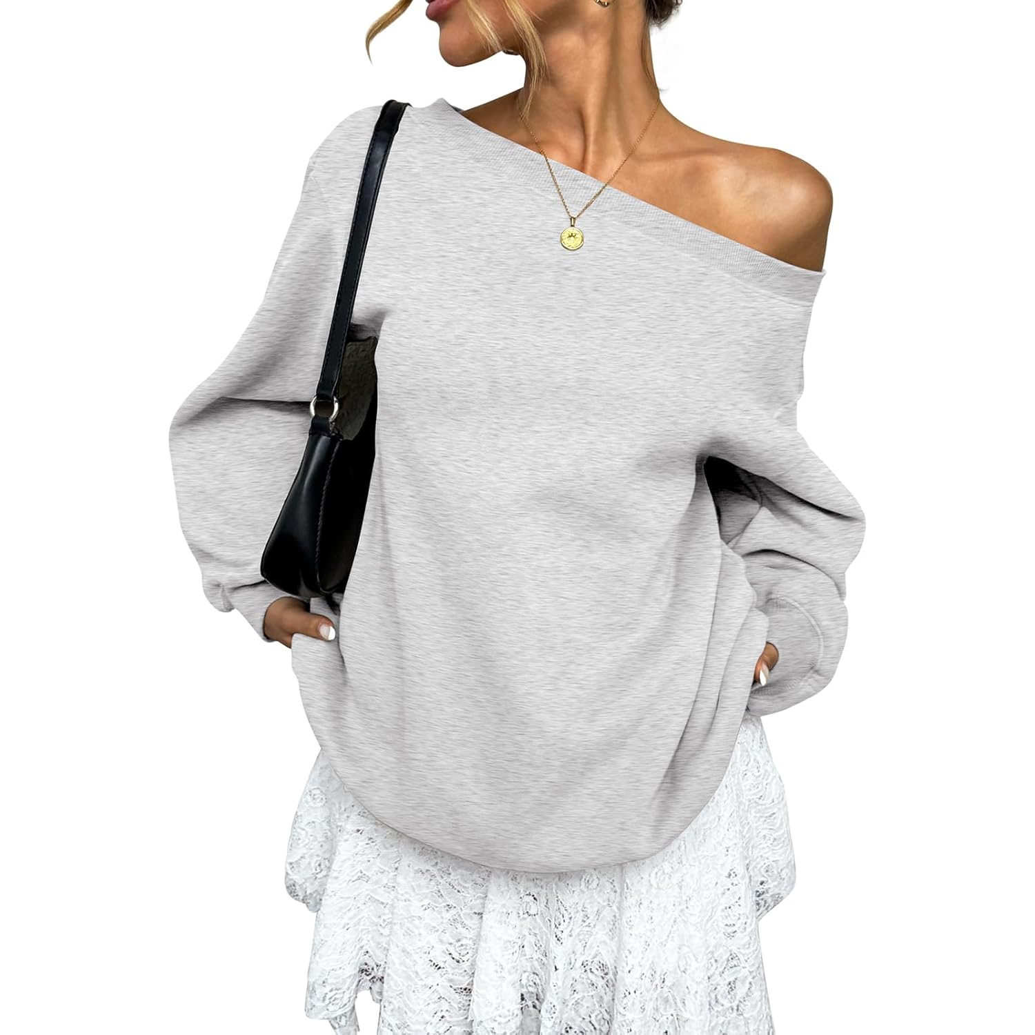 Womens Fleece Lined Sweatshirt Off Shoulder Long Sleeve Pullover Top Oversized Shirt Basic Slouchy Clothes 2026
