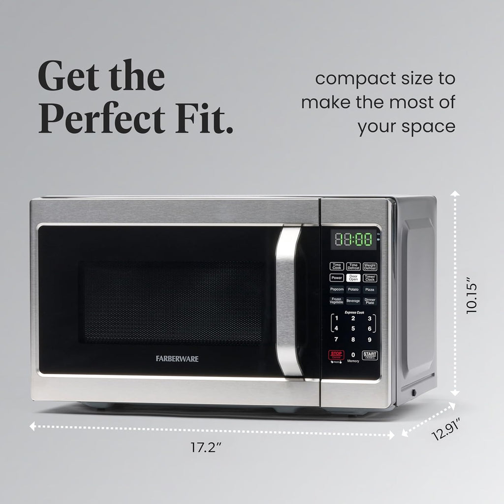 Farberware 0.7 Cu. Ft. Countertop Microwave Oven – 700 Watts Power, Auto Cook Settings, Defrost, Easy Clean and Child Safety Lock - Stainless
