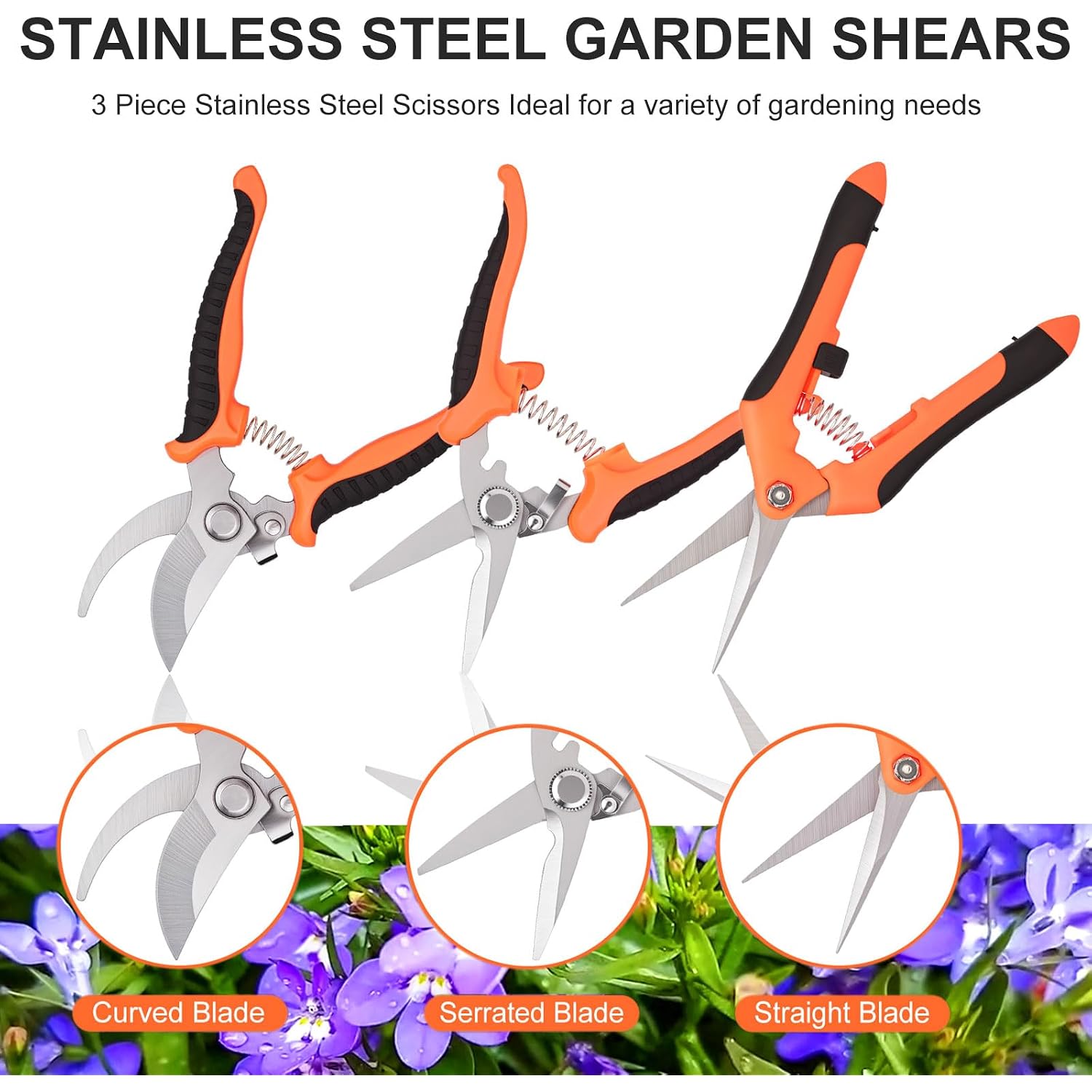 3 Pcs Garden Shears, Stainless Steel Gardening Scissors, Pruning Shears For Gardening, Pruning Scissors For Flowers Fruit Tree