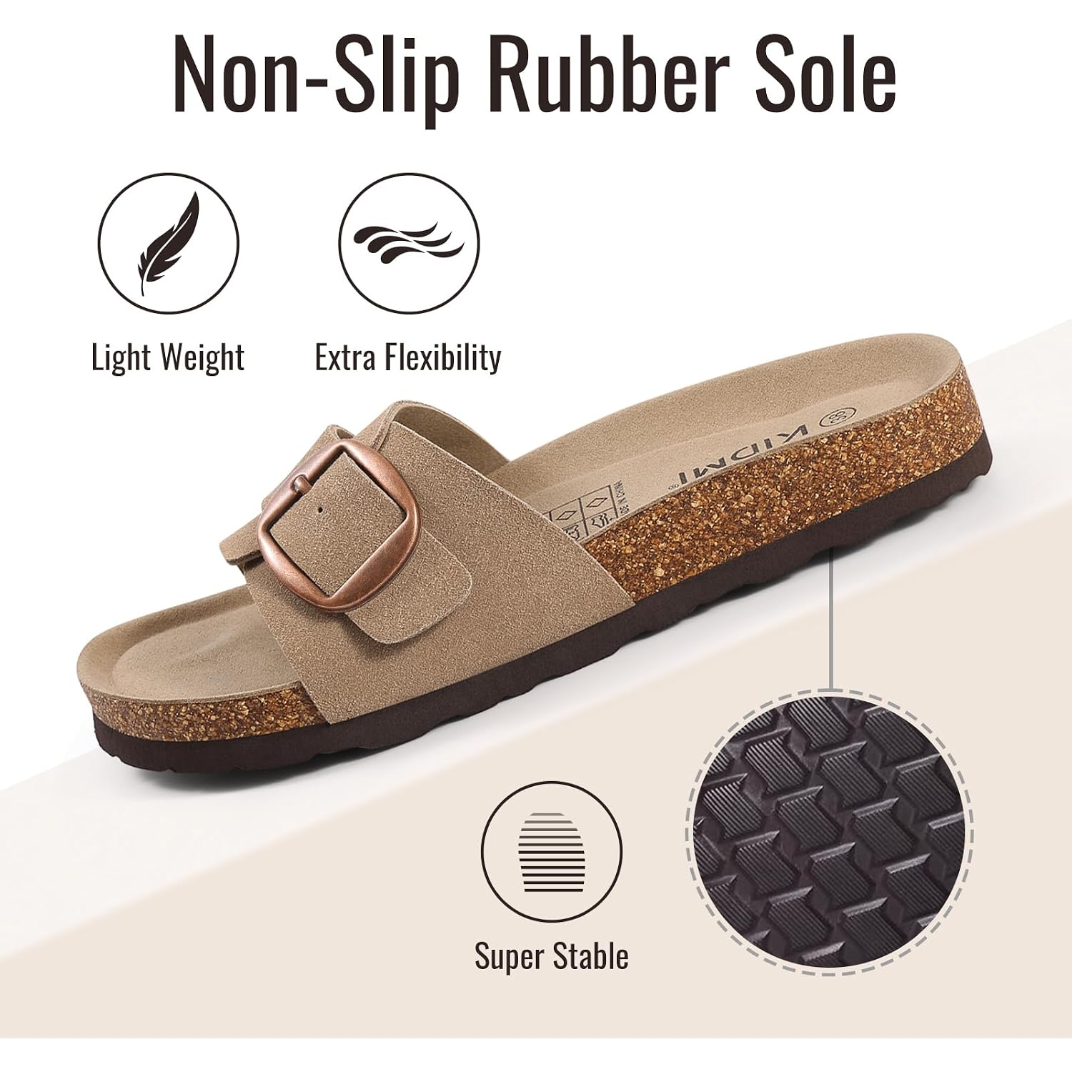 Kidmi Genuine Suede Cork Footbed Sandals For Women Comfortable Summer Slides With Buckle