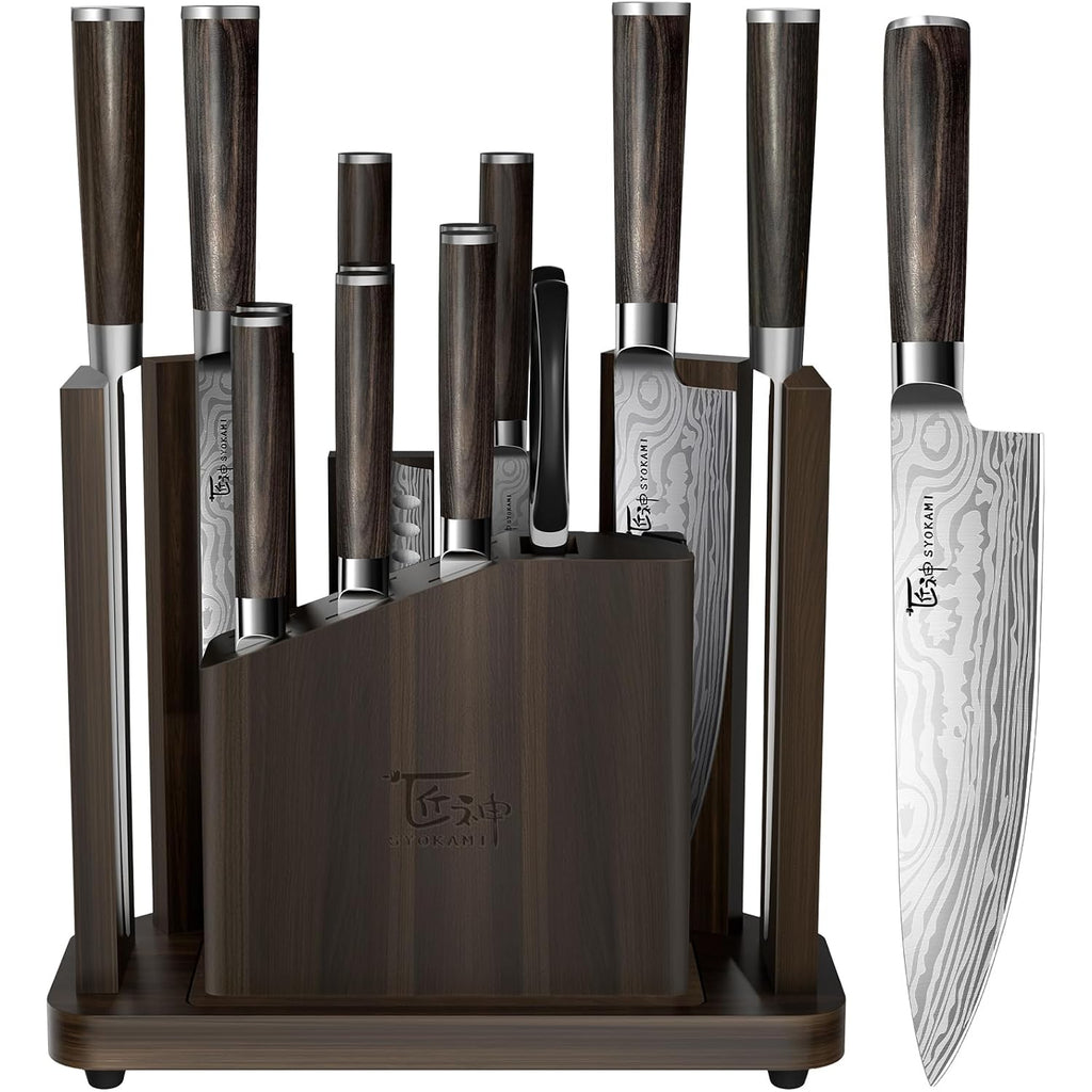 15-Piece Kitchen Knife Set With Magnetic Block, New For 2026, Detachable Steak Knife Block For Table Service, Built-In Sharpener, Wood Handle, Damascus Pattern, Housewarming Gifts