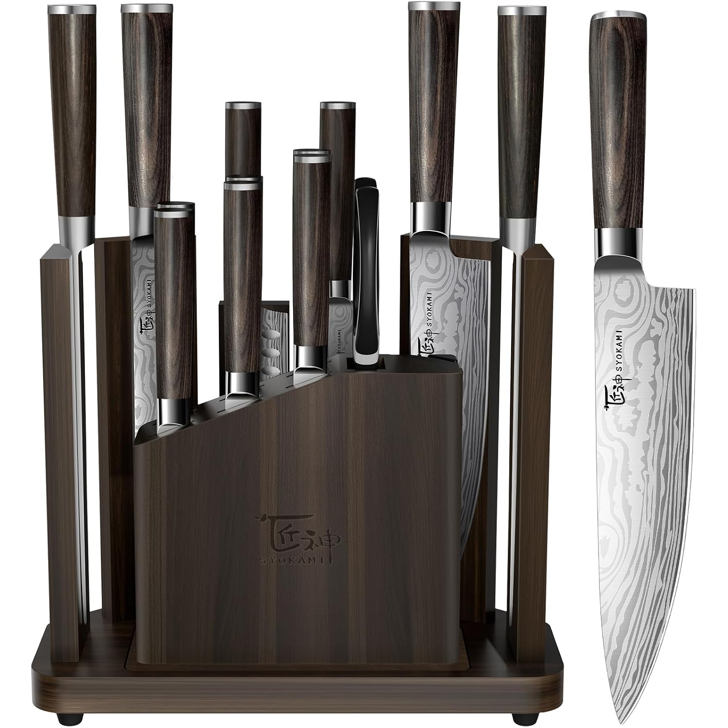 15-Piece Kitchen Knife Set With Magnetic Block, New For 2026, Detachable Steak Knife Block For Table Service, Built-In Sharpener, Wood Handle, Damascus Pattern, Housewarming Gifts