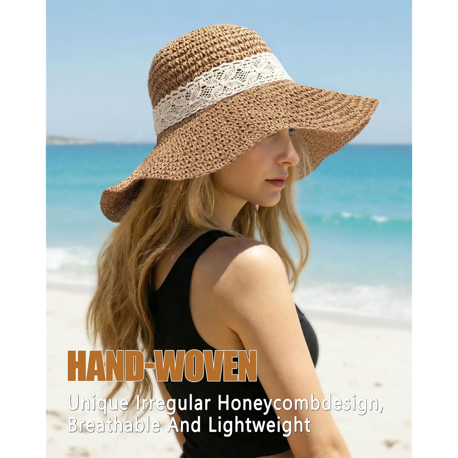 Senker Fashion Beach Straw Hats for Women, Handmade Floppy Bucket Sun Hat for Summer Vacation Wide Brim Packable Travel