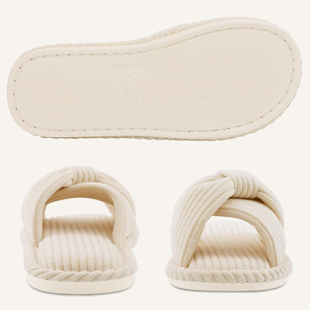 Evshine Summer House Slippers For Women Corduroy Cross Bow Indoor Slippers Open Toe Slip On Bedroom Shoes With Memory Foam