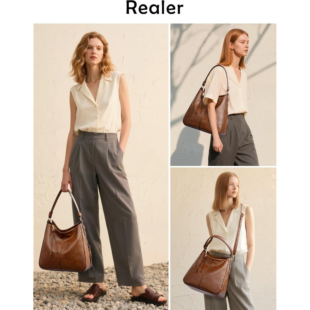 Realer Hobo Crossbody Bags for Women Designer Faux Leather Hobo Handbags Retro Large Size Shoulder Bag Bucket Purse