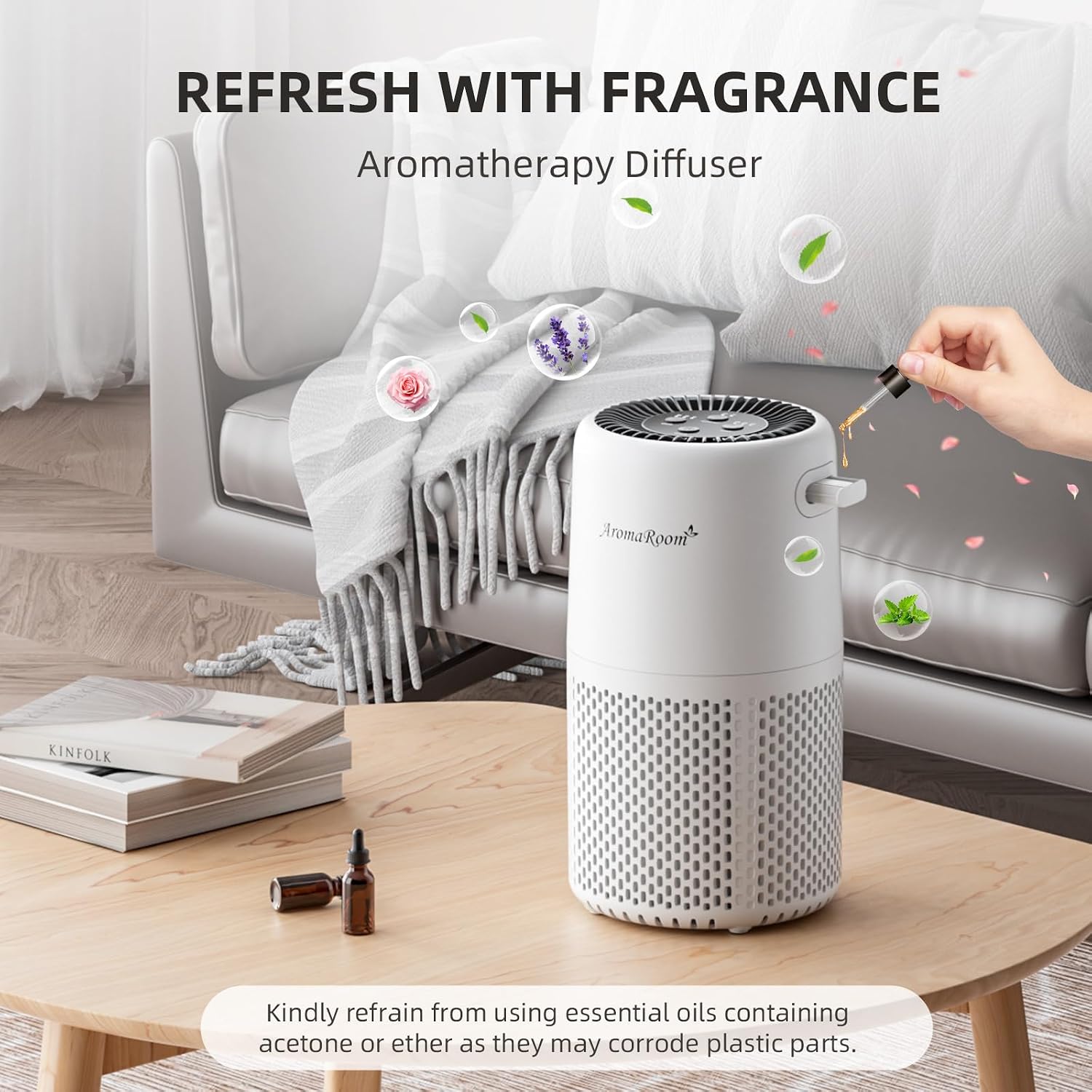 Aromaroom Air Purifier For Home Bedroom, H13 Hepa Air Filter For Smoke Pollen Dander Pet Hair, Sleep Mode, Quiet Air Cleaner For Pets, Home, Baby Room (White)