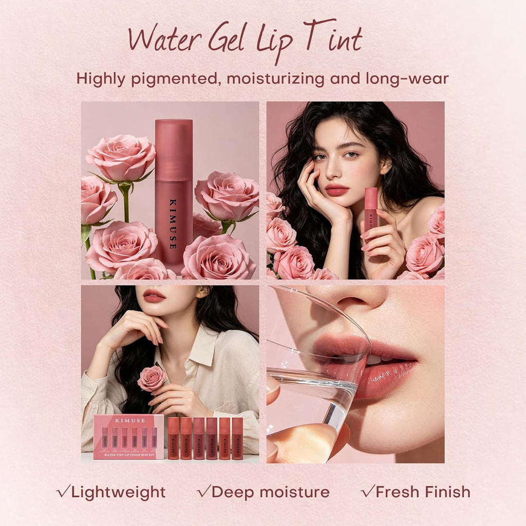 KIMUSE Water Gel Lip Tint 6 Colors Set, Highly Pigmented Long Lasting Moisturizing Glossy Lip Stains, Hydrate Lightweight Lip Gloss Makeup