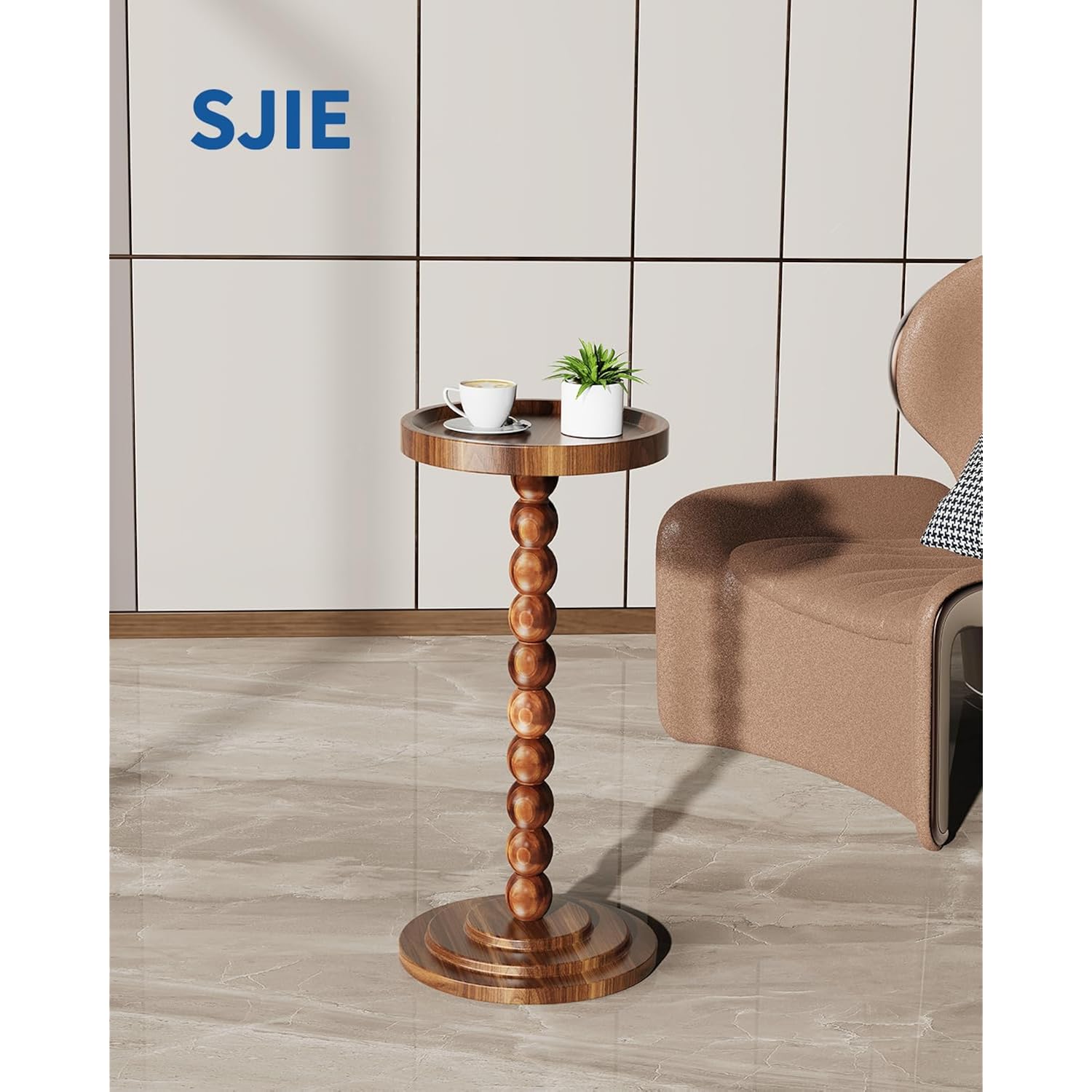Round Wooden Side Table & Drink Table | Sturdy & Functional Mid-Century Modern Design With Solid Wood Columns For Living Room, Bedroom, Office & More