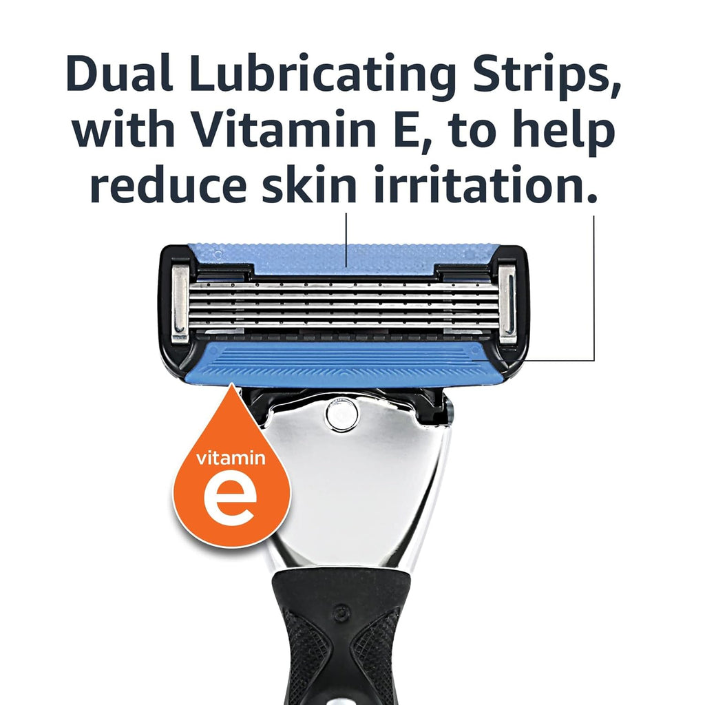 Amazon Basics 5-Blade MotionSphere Men's Razor with Dual Lubrication, Vitamin E, Precision Trimmer, 1 Handle & 16 Cartridges, Black