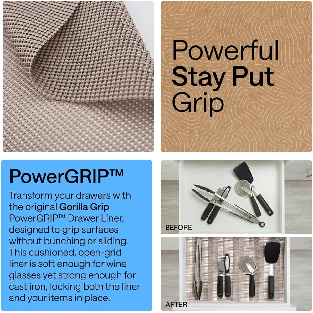 Gorilla Grip Powergrip Drawer Shelf And Cabinet Liner, Thick Strong Hold, Non-Adhesive Liners Protect Kitchen Cabinets And Cupboard, Bathroom Drawers, Easy Install, Breathable Mat, 12" X10', Beige