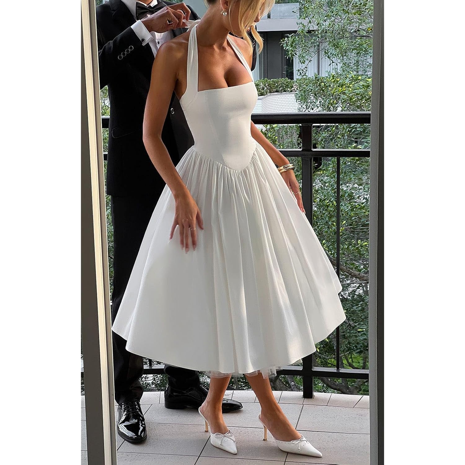 Women Halter Midi Dress Corset Back Layered Tulle Skirt A Line Formal Dresses Wedding Guest Bridal Shower