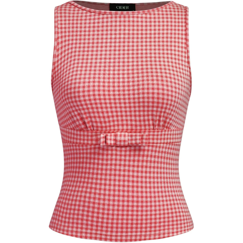 Cider Gingham Tops For Women Plaid Going Out Tops Sleeveless Cute Tank Bow Summer Shirt