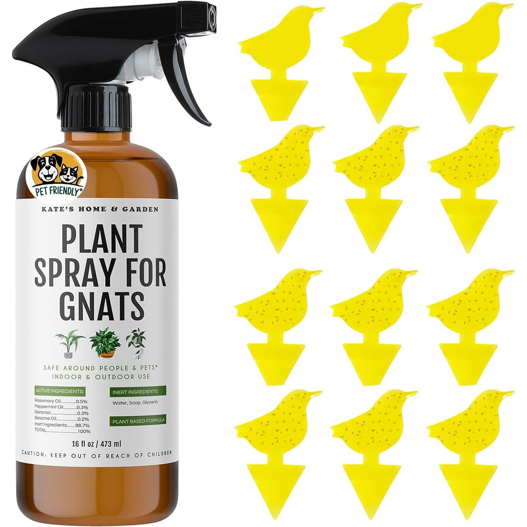 Kate'S Home & Garden Plant Spray For Insects & Getting Rid Of Gnats With 12 Sticky Traps. Fungus Gnat Killer & Bug Spray For Indoor Plants (16Oz, Peppermint, Pet Safe, Non Toxic)