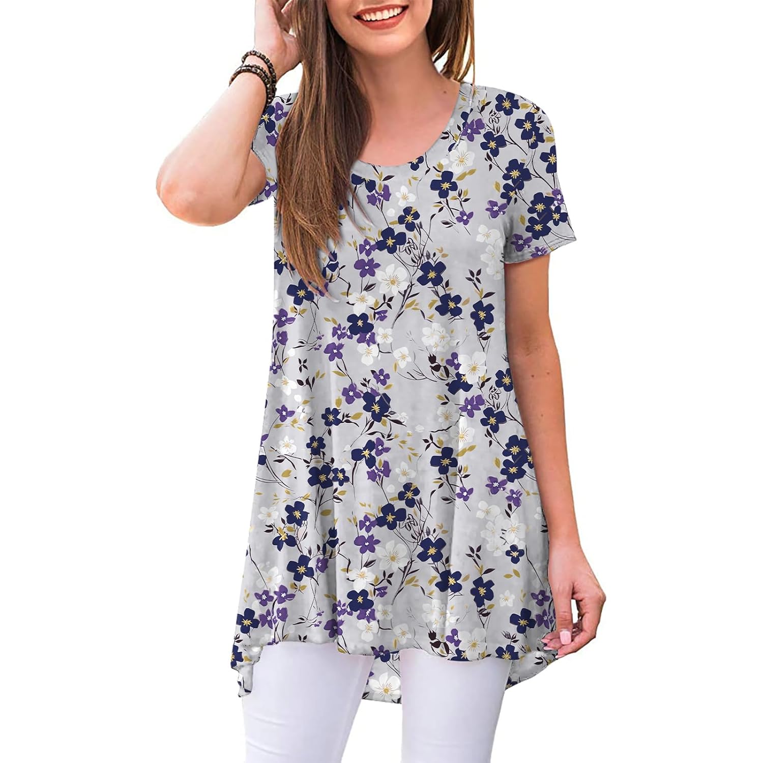 Women's Summer Long Tunic Top To Wear With Leggings Short Sleeve Shirt Loose Fit Dressy