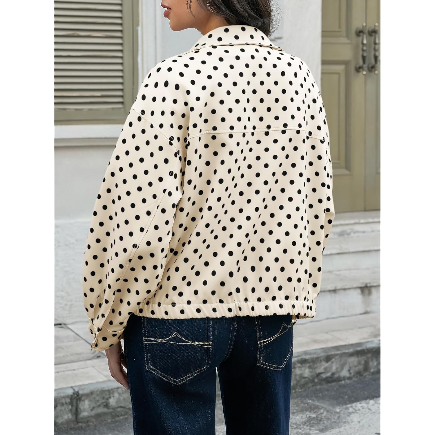 Tankaneo Womens Zip Up Cropped Jackets Polka Dot Oversized Jackets Spring Lightweight Trendy Casual Coats